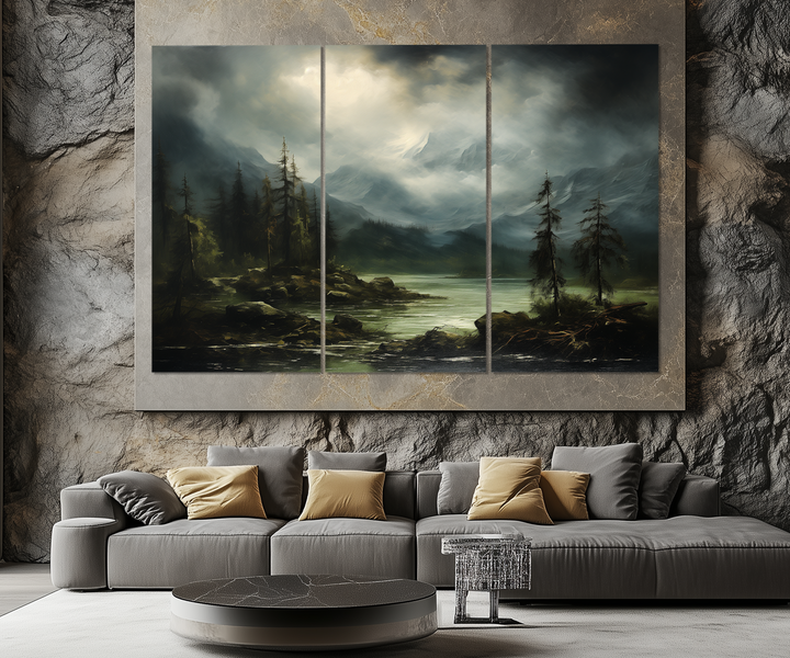 3 Piece Moody Antique Mountain River Emerald Green Landscape Multi-Panel Wall Art in a living room with a couch