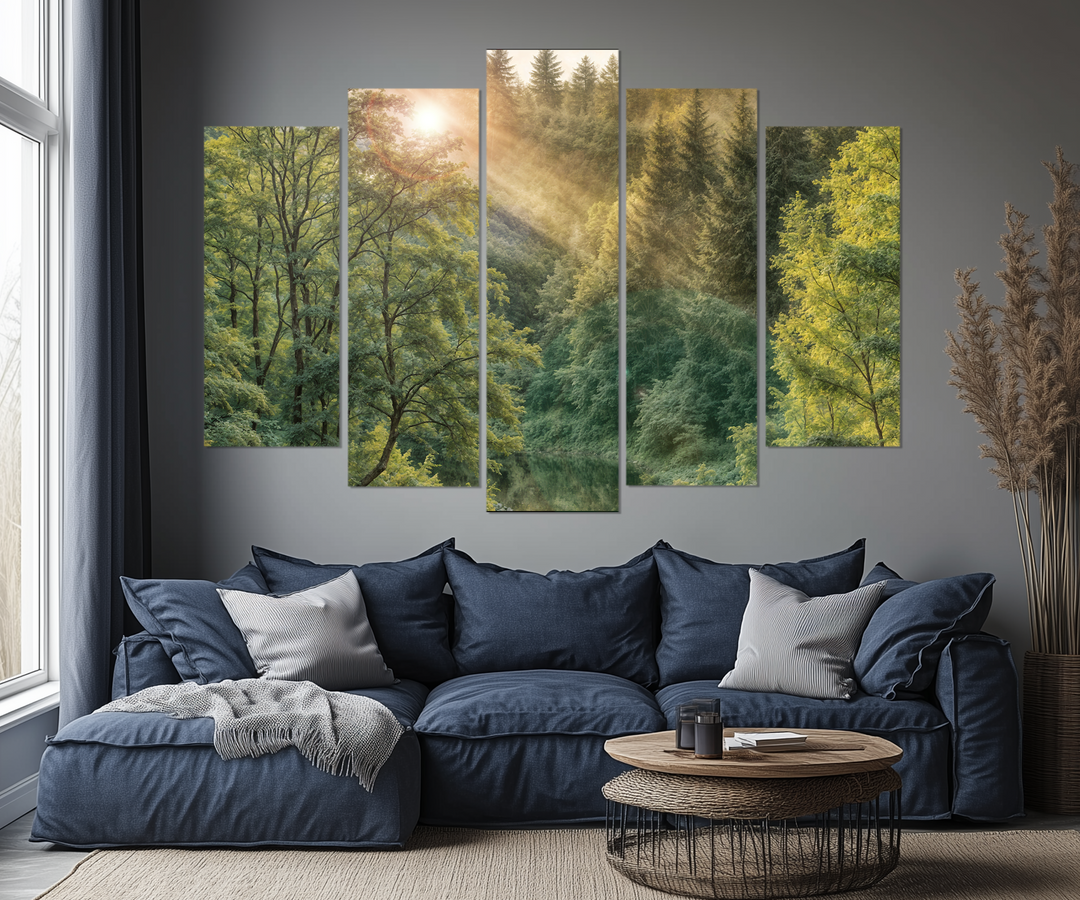 Rustic Cabin Wall Decor - 5 Piece Morning Sunrise In The Forest Extra Large Canvas Wall Art