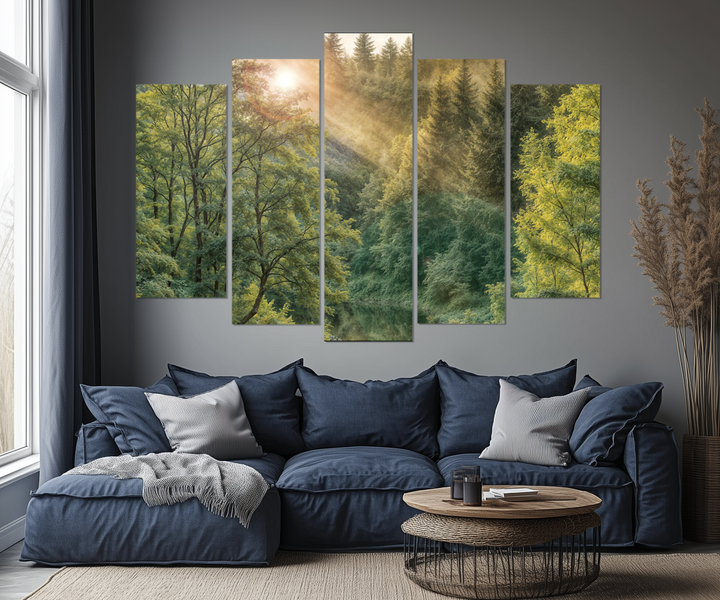 5 Piece Morning Sunrise In The Forest Extra Large Canvas Wall Art