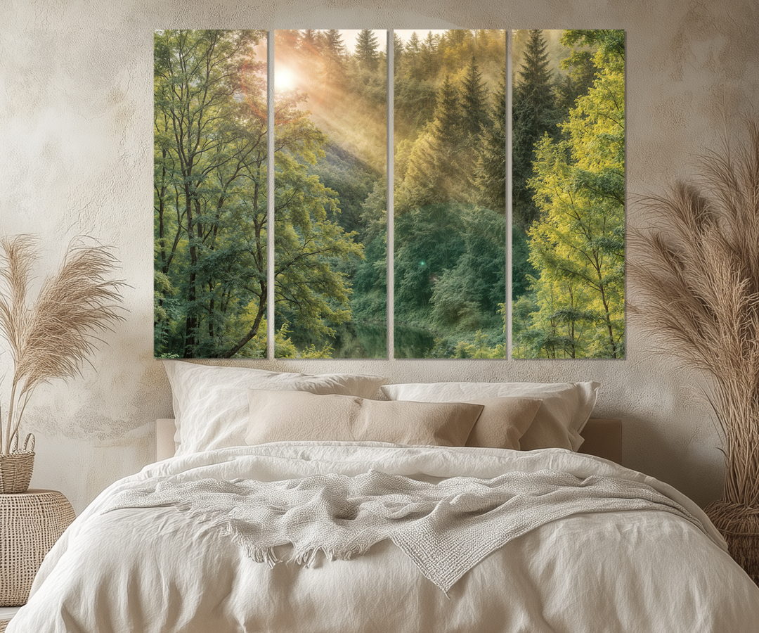 Rustic Cabin Wall Decor - 5 Piece Morning Sunrise In The Forest Extra Large Canvas Wall Art