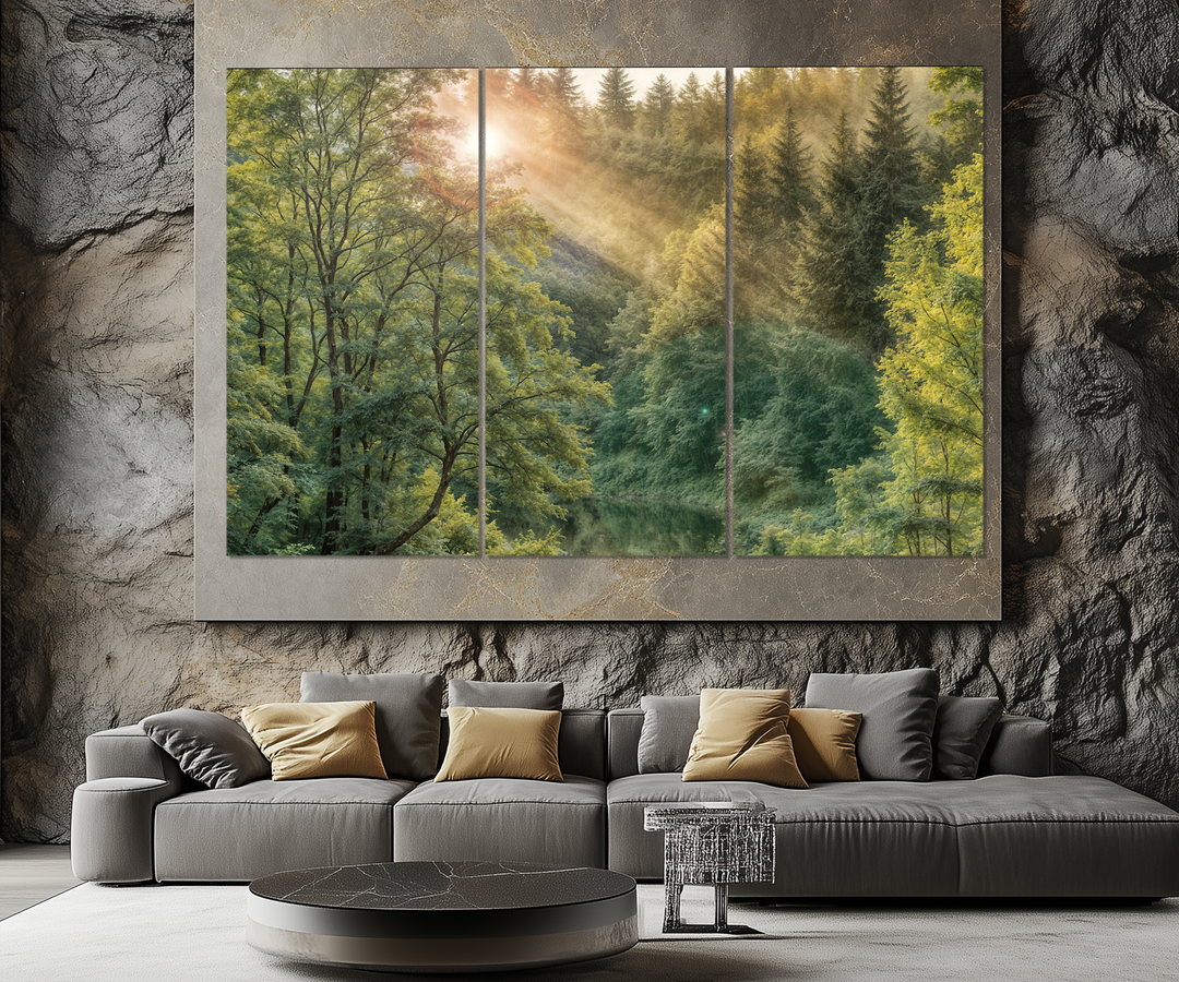 Rustic Cabin Wall Decor - 5 Piece Morning Sunrise In The Forest Extra Large Canvas Wall Art