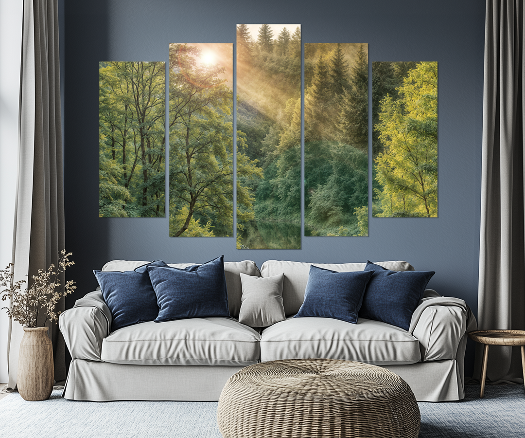 5 Piece Morning Sunrise In The Forest Extra Large Canvas Wall Art