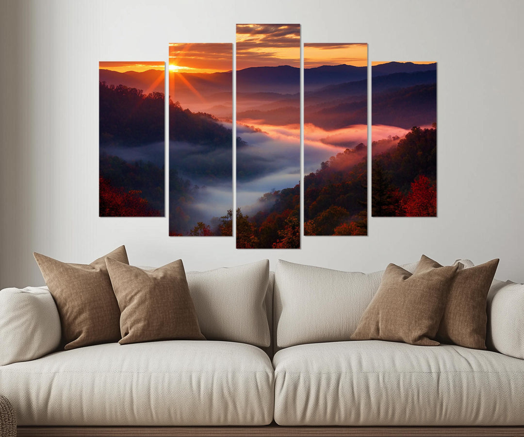 5 Piece Smokey Mountains Sunset Multi-Panel Canvas Wall Art