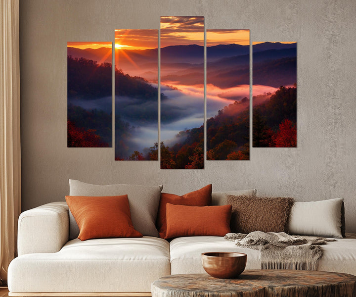 5 Piece Smokey Mountains Sunset Multi-Panel Canvas Wall Art