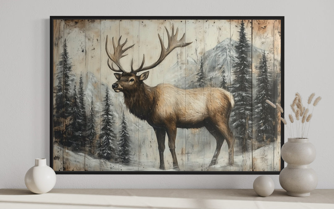 Elk In Winter Fir Tree Forest Painted On Wood Rustic Framed Canvas Wall Art close up