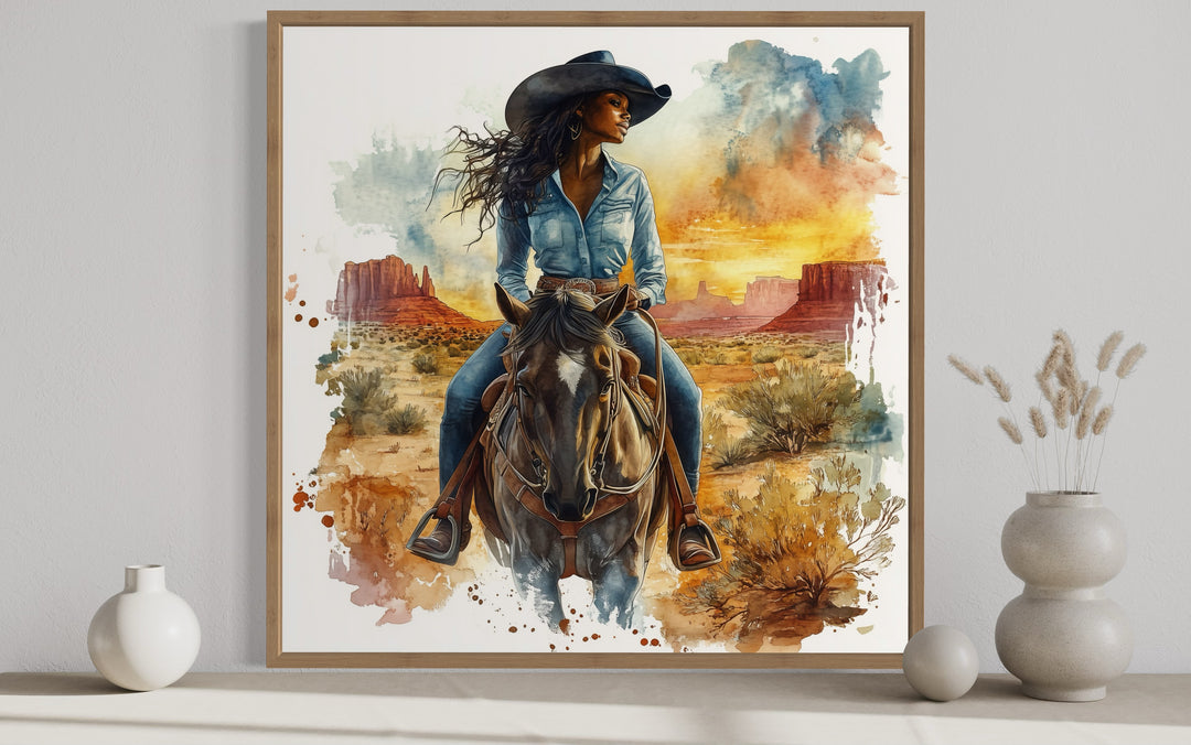 African American Cowgirl Riding A Horse Framed Canvas Wall close up