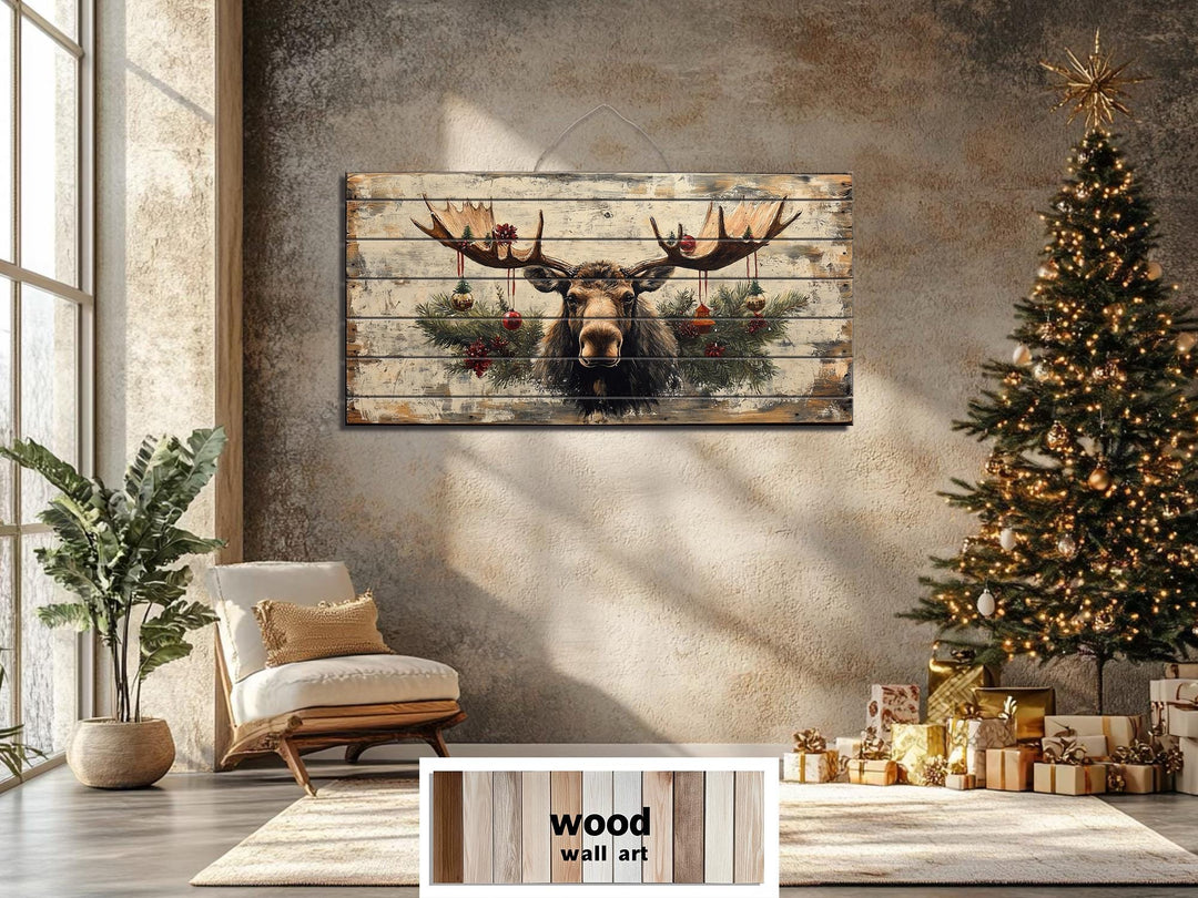 Rustic Christmas Moose With Ornaments Distressed Wood Wall Art