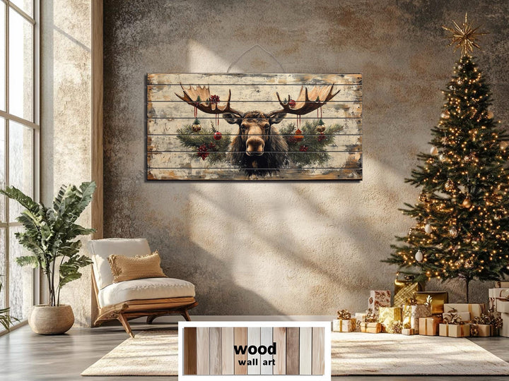 Rustic Christmas Moose With Ornaments Distressed Wood Wall Art