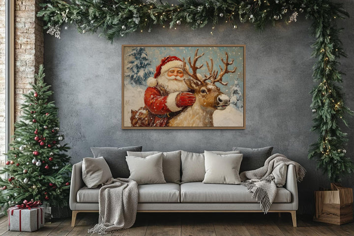 Santa Claus With Reindeer Christmas Canvas Wall Art