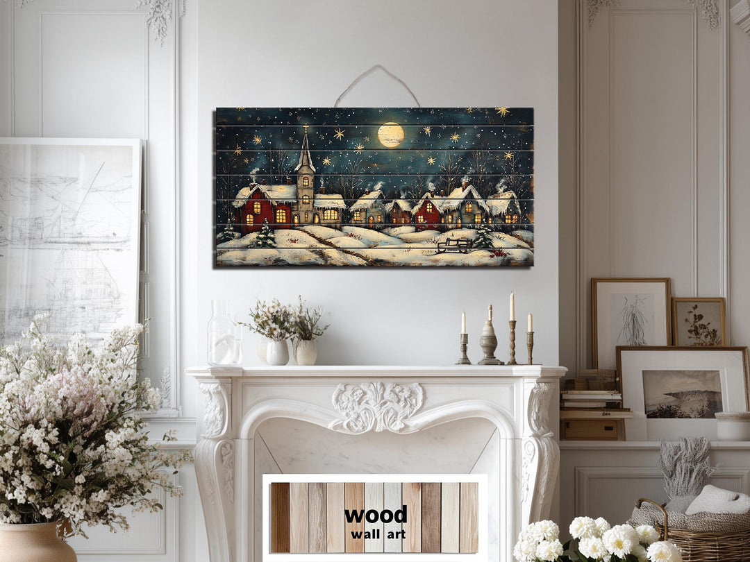 Rustic Christmas Moonlit Village Distressed Wood Wall Art