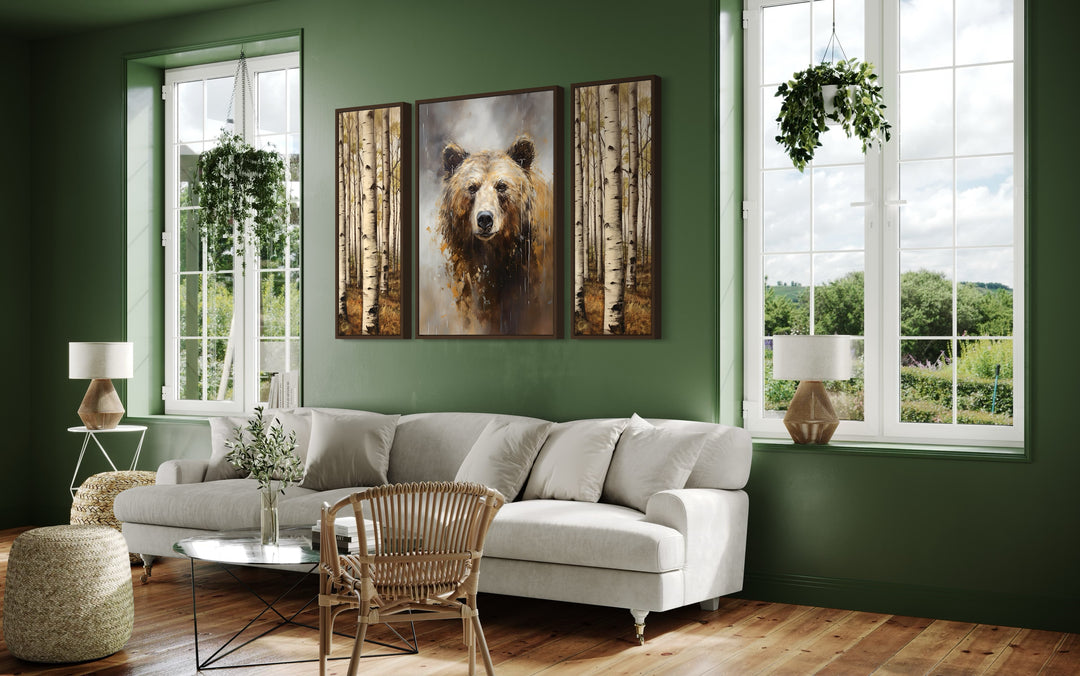 Set Of 3 Bear Flanked By Trees Framed Canvas Wall Art in green room