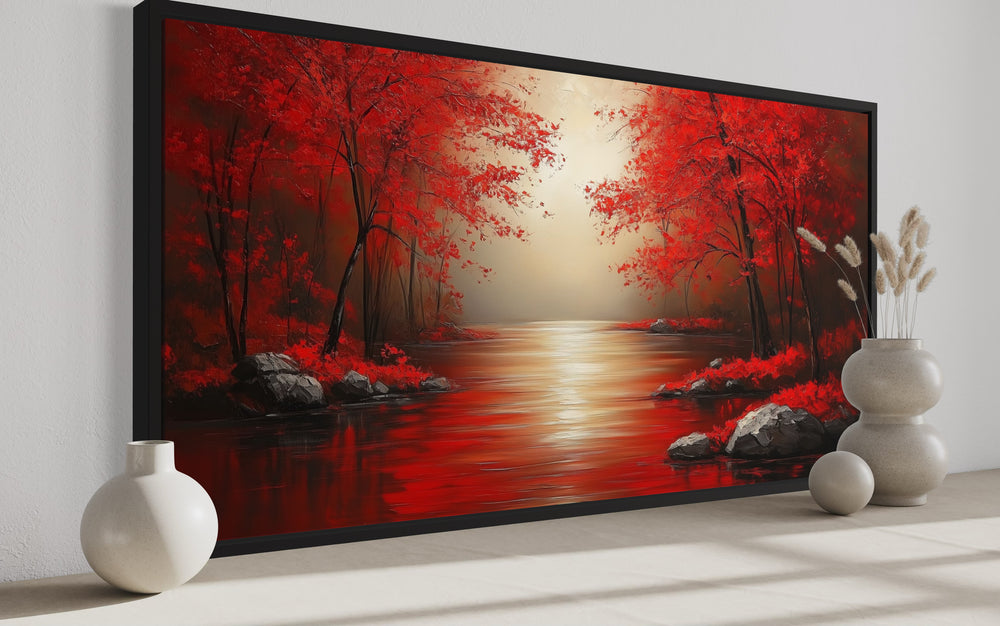 Red Trees And River Autumn Landscape Framed Canvas Wall Art side view