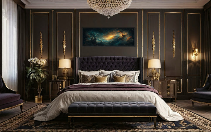 Cosmic Nebula Space Long Horizontal Canvas Wall Art above brown bed