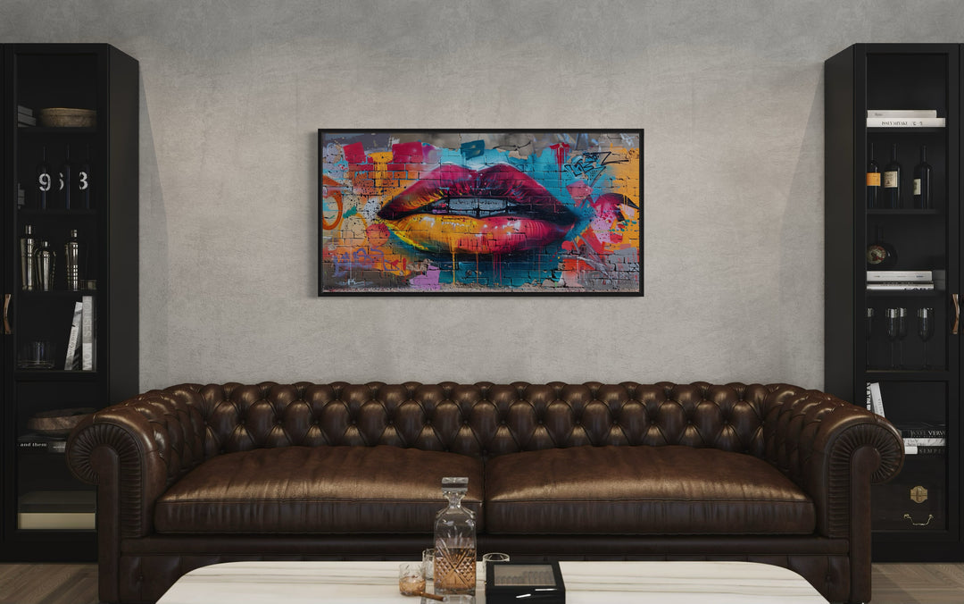 Trippy Lips Graffiti Painting Framed Large Canvas Wall Decor in a living room with a couch