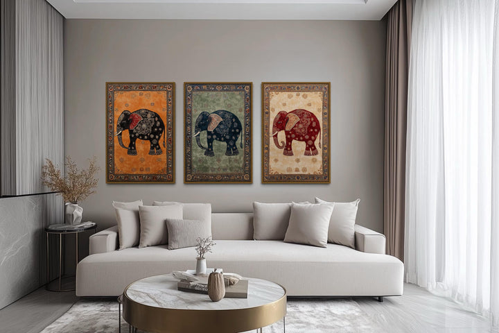 Indian Madhubani Elephant Canvas Wall Art Set of 3