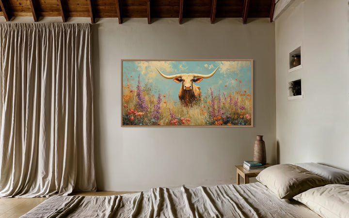 Longhorn in Wildflower Field Rustic Farmhouse Canvas Wall Art in bedroom