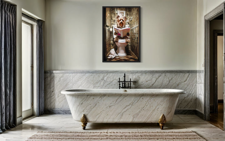 a bathroom with a tub and a painting on the wall