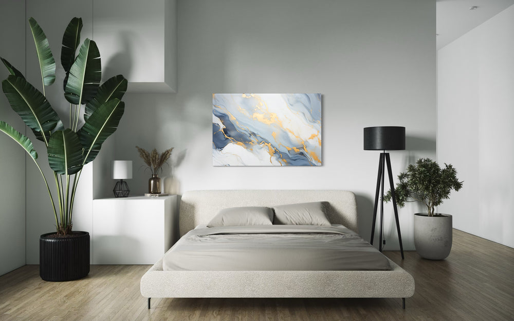 Pale Blue Grey Gold Abstract Marble Canvas Wall Art in bedroom