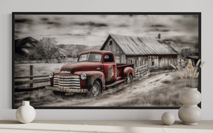 Red Truck And Barn Rustic Farmhouse Wall Decor close up