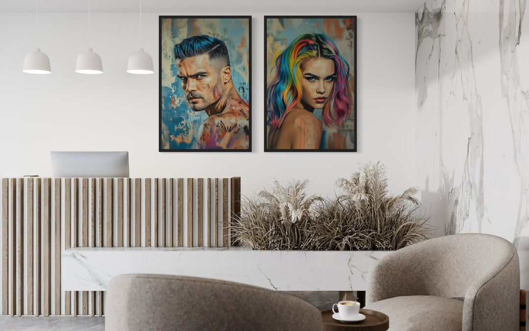 Hair Salon Wall Decor Set Of Two Man And Woman With Rainbow Hair Canvas Wall Art