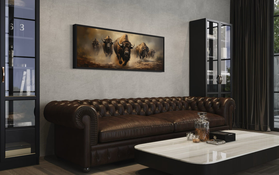 Herd of Running Bisons Long Horizontal Framed Canvas Wall Art in man cave side view