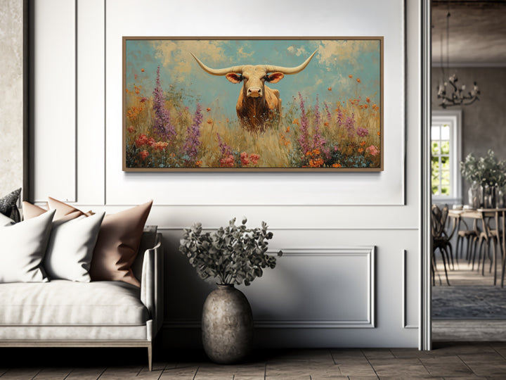 Longhorn in Wildflower Field Rustic Farmhouse Canvas Wall Art