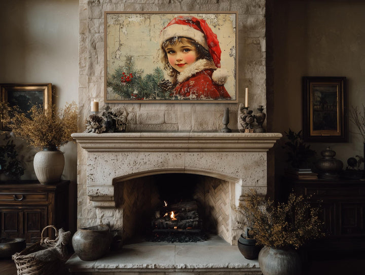 Vintage Christmas Girl in Red Santa Hat Canvas Wall Art