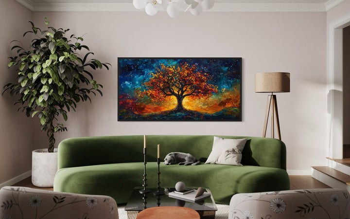 Colorful Yggdrasil Tree Of Life Framed Canvas Wall Art above green couch