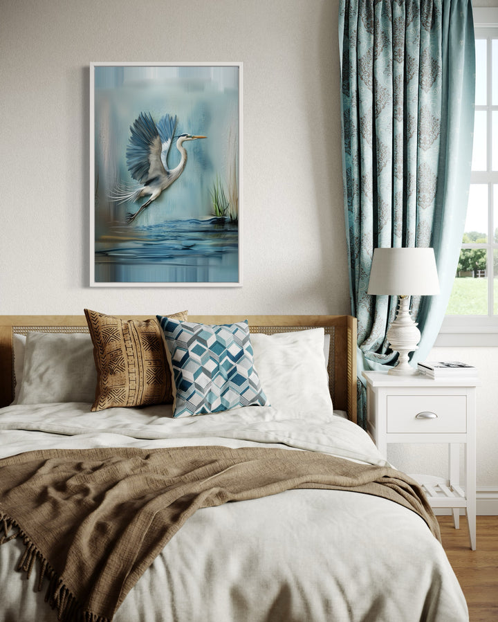 Blue Heron Flying Rustic Coastal Framed Canvas Wall Art above bed