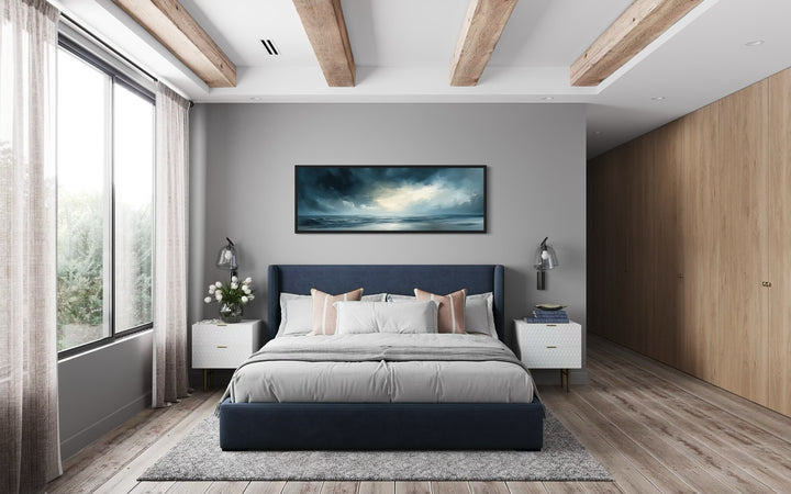 Stormy Horizon Over The Ocean Panoramic Canvas Wall Art above nautical bed