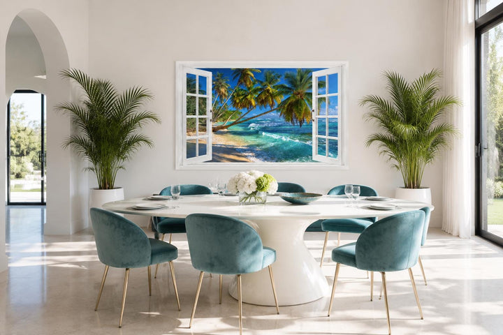Window view canvas wall art of a tropical beach with palm trees and turquoise ocean in a dining room