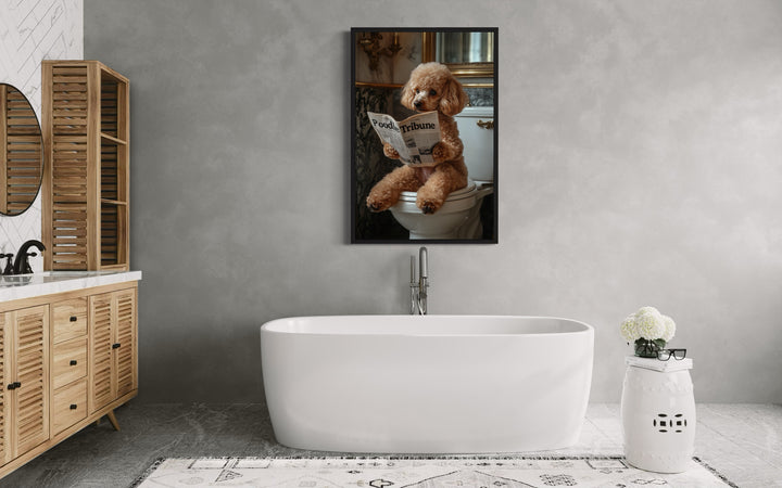 Peach Poodle On Toilet Reading Newspaper Framed Canvas Wall Art above bathtub