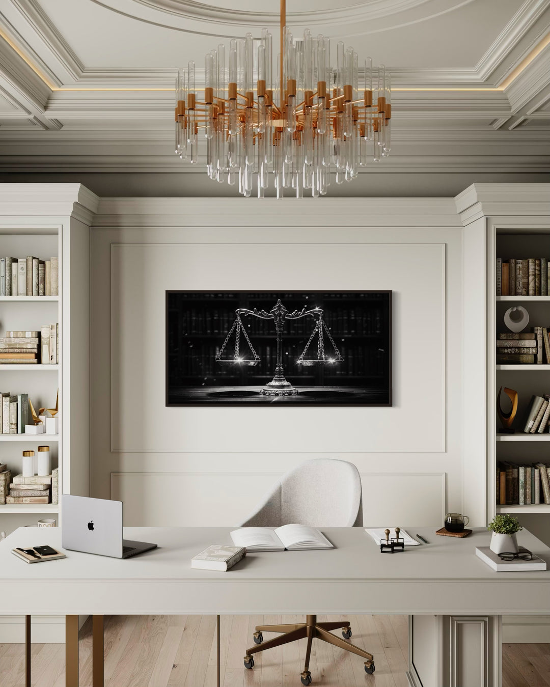 Black White Scales Of Justice Lawyer Framed Canvas Wall Art in a lawyer office with a white desk topped with a laptop computer