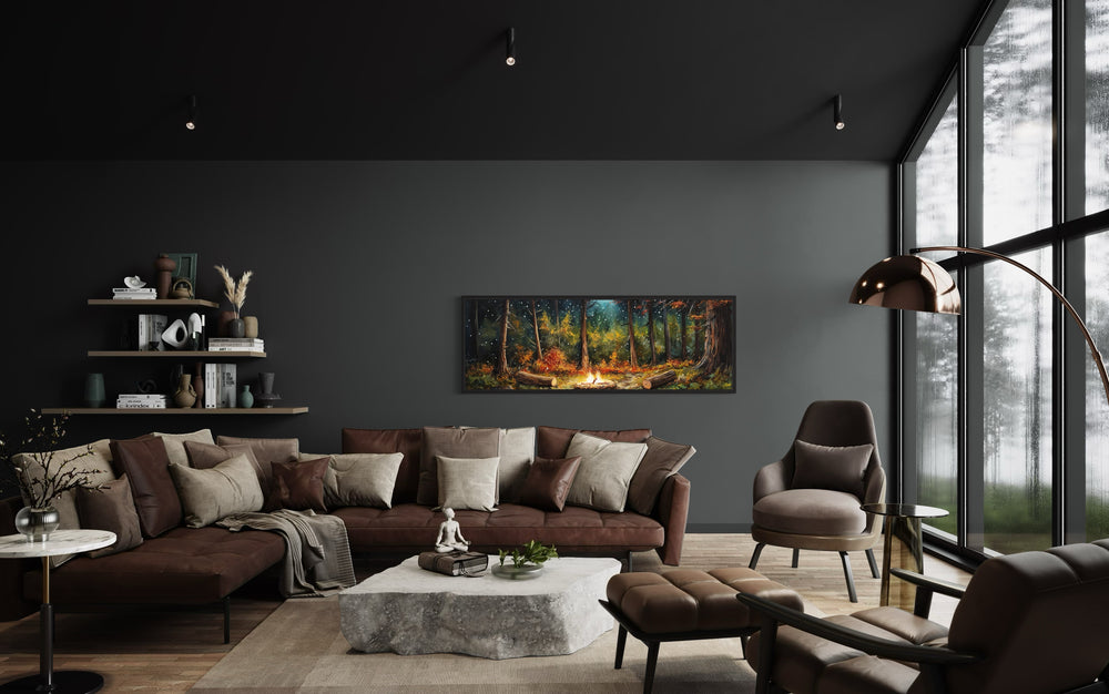 Forest Campfire Cozy Cabin Above Fireplace Mantel Wall Art in living room