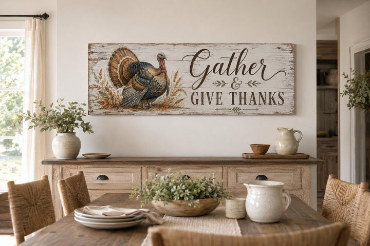 Rustic turkey wall art with "Gather & Give Thanks" text above a farmhouse dining room sideboard.
