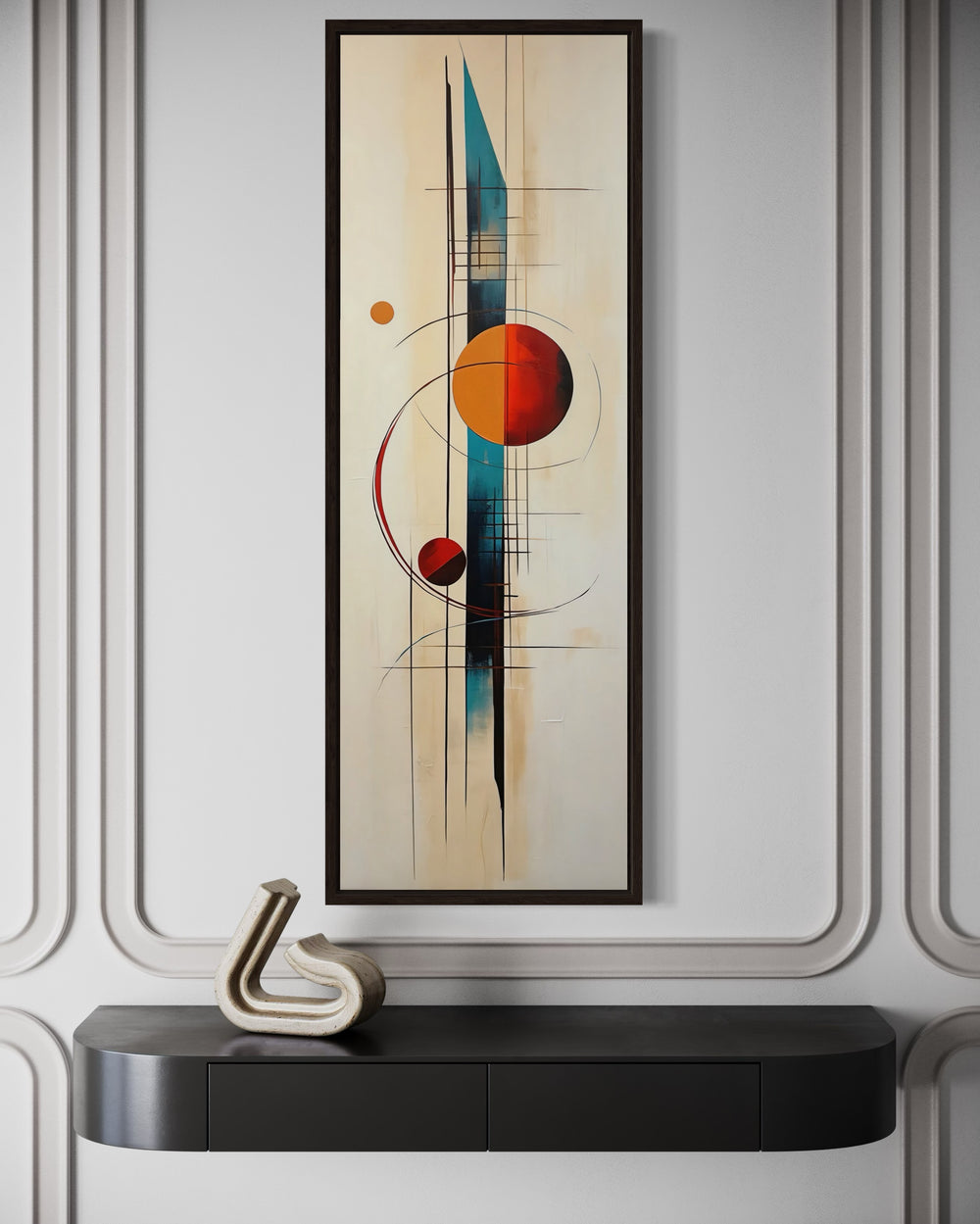 Tall Narrow Mid Century Modern Geometric Vertical Framed Canvas Wall Art close up