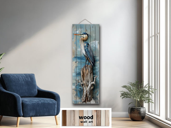 Vertical Blue Heron Wall Art - Distressed Wood Coastal Decor for Lake House