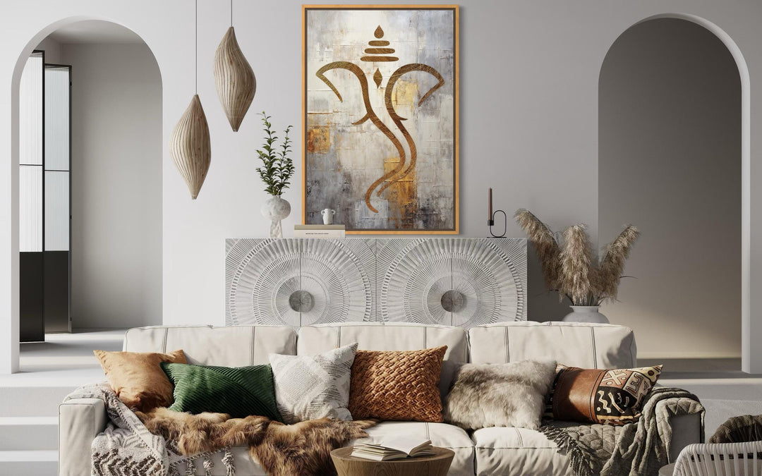 Minimalist Lord Ganesha canvas wall art with gold metallic outline on a textured white-silver base.