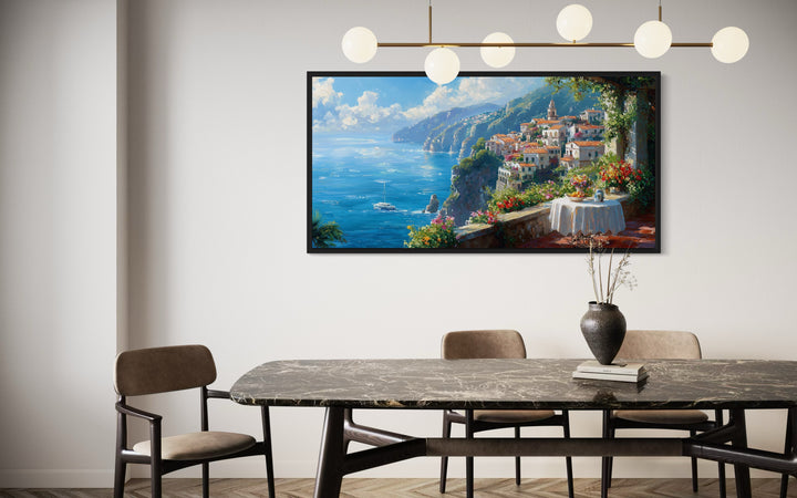 Amalfi Coast Window View Framed Canvas Wall Art in dining room