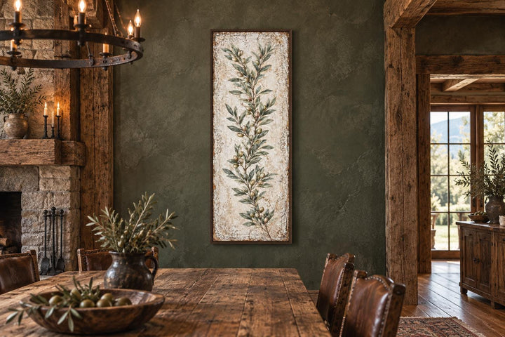 Tall vertical canvas wall art featuring a green olive branch on a textured, aged cream background.