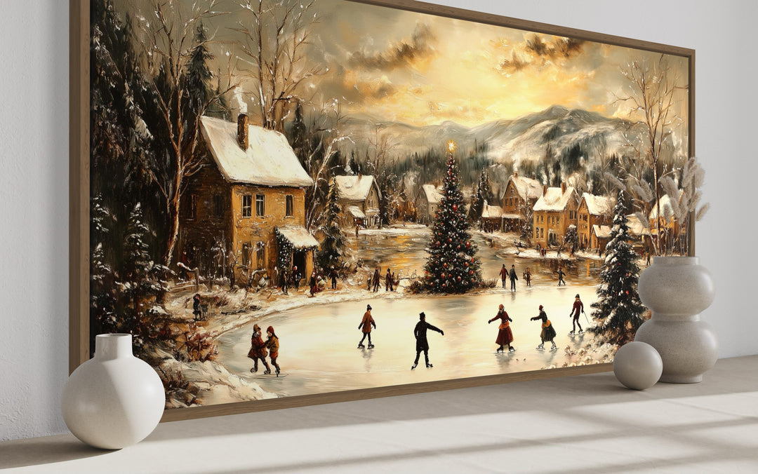 Christmas Village Skating Scene Framed Canvas Wall Art in christmas room side view