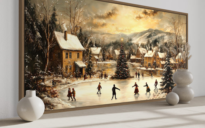 Christmas Village Skating Scene Framed Canvas Wall Art in christmas room side view