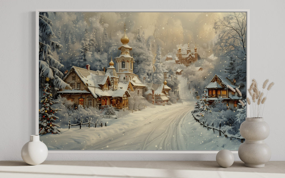 Christmas In Snowy Winter Village Framed Canvas Wall Art close up