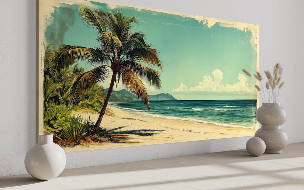 a serene tropical beach scene with palm trees, a sandy beach, and a turquoise ocean.