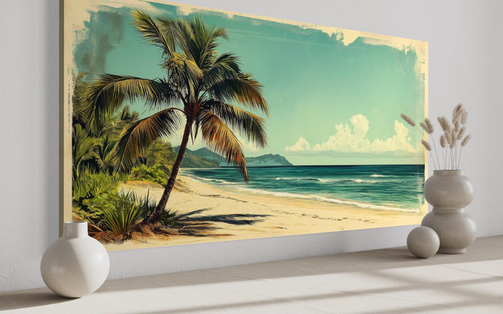 a serene tropical beach scene with palm trees, a sandy beach, and a turquoise ocean.