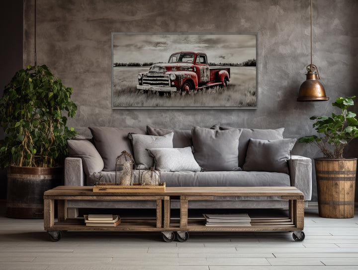 Old Red Truck On The Farm Rustic Chic Framed Canvas Wall Art in farmhouse