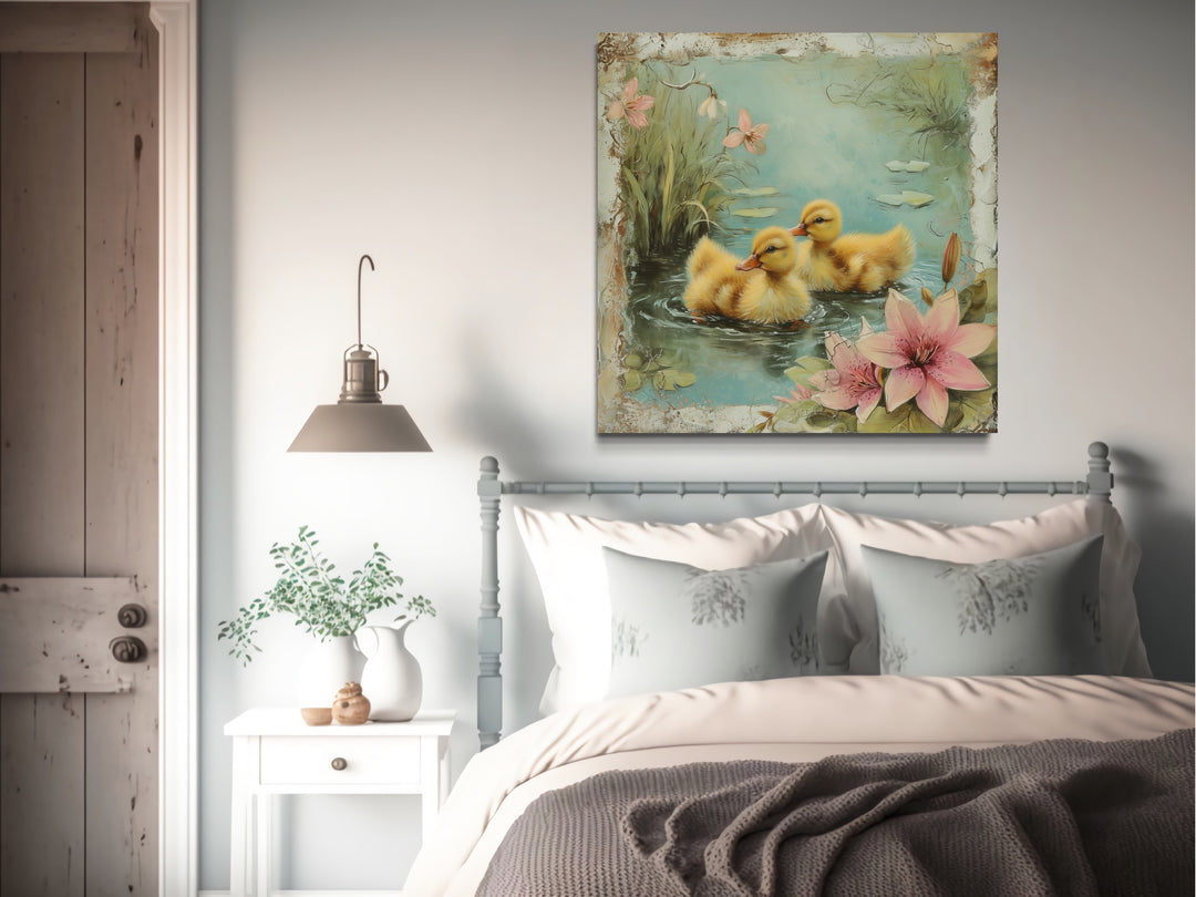 a painting of two ducks floating in a pond