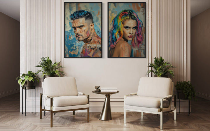 Set Of Two Man And Woman With Rainbow Hair In the salon