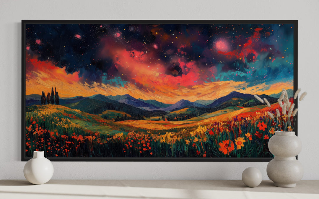 Starry Night Sky Over Wildflower Fields and Mountains Framed Canvas Wall Art close up