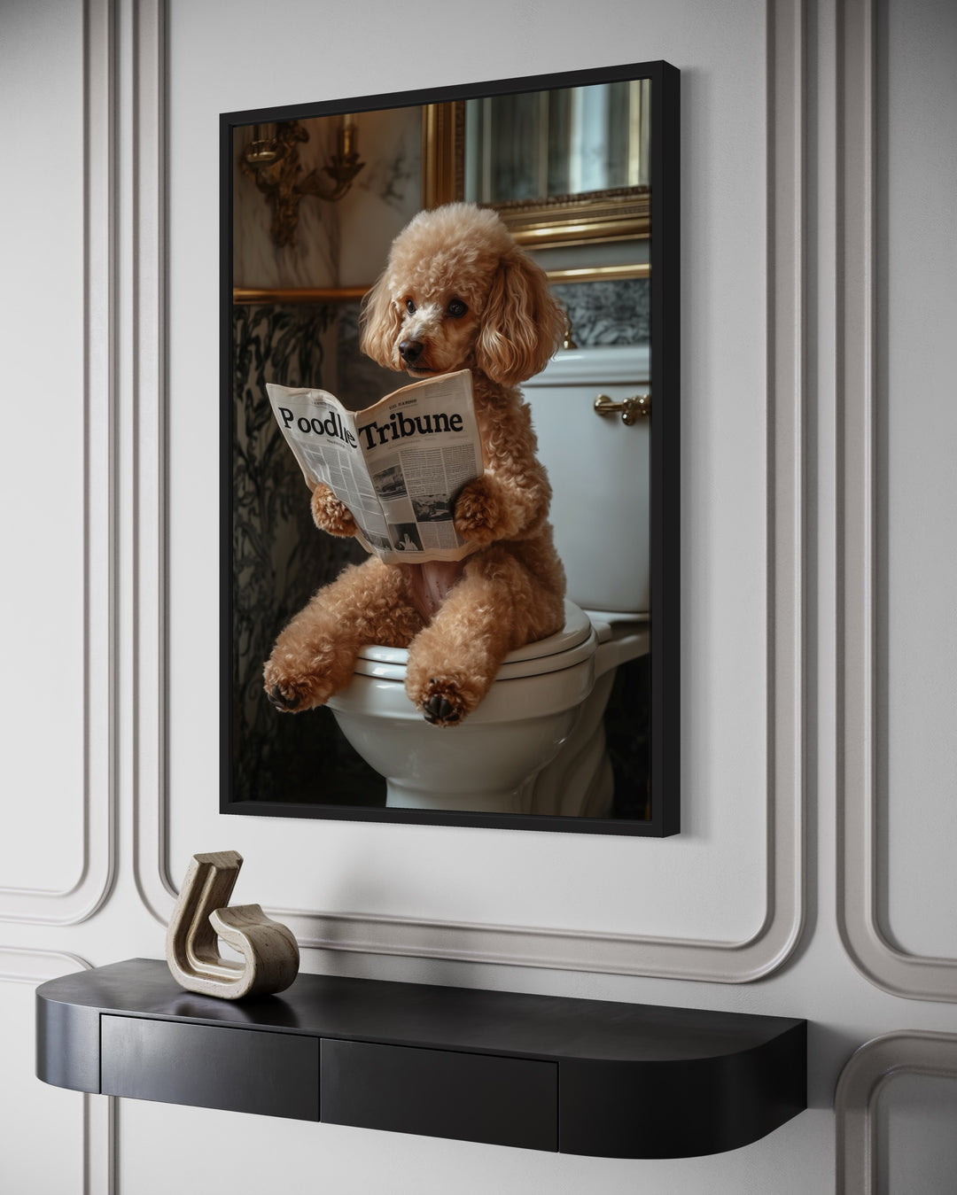 Peach Poodle On Toilet Reading Newspaper Framed Canvas Wall Art side view